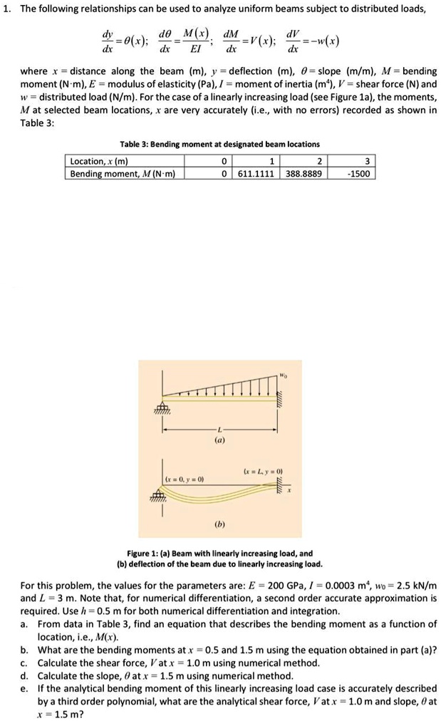 1. The following relationships can be used to analyze uniform beams subject to distributed loads,

dy/dx = ?(x); d?/dx = M(x)/EI; dM/dx = V(x); dV/dx = -w(x)

where x = distance along the beam (m), y = deflection (m), ? = slope (m/m), M = bending moment (N·m), E = modulus of elasticity (Pa), I = moment of inertia (m^4), V = shear force (N) and w = distributed load (N/m). For the case of a linearly increasing load (see Figure 1a), the moments, M at selected beam locations, x are very accurately (i.e., with no errors) recorded as shown in Table 3:

Table 3: Bending moment at designated beam locations
Location, x (m) 0 1 2 3
Bending moment, M (N·m) 0 611.1111 388.8889 -1500

Figure 1: (a) Beam with linearly increasing load, and (b) deflection of the beam due to linearly increasing load.

For this problem, the values for the parameters are: E = 200 GPa, I = 0.0003 m^4, w0 = 2.5 kN/m and L = 3 m. Note that, for numerical differentiation, a second order accurate approximation is required. Use h = 0.5 m for both numerical differentiation and integration.
a. From data in Table 3, find an equation that describes the bending moment as a function of location, i.e., M(x).
b. What are the bending moments at x = 0.5 and 1.5 m using the equation obtained in part (a)?
c. Calculate the shear force, V at x = 1.0 m using numerical method.
d. Calculate the slope, ? at x = 1.5 m using numerical method.
e. If the analytical bending moment of this linearly increasing load case is accurately described by a third order polynomial, what are the analytical shear force, V at x = 1.0 m and slope, ? at x = 1.5 m?