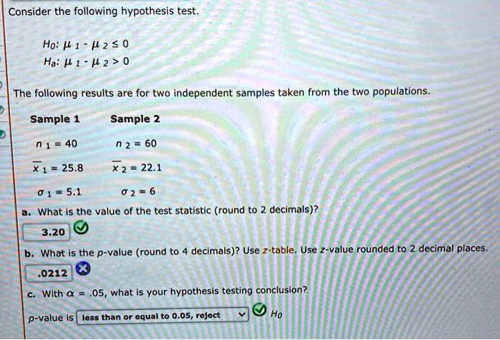Consider the following hypothesis test.
H0: ?1 - ?2 ? 0
Ha: ?1 - ?2 > 0
The following results are for two independent samples taken from the two populations.
Sample 1 Sample 2
n1 = 40 n2 = 60
x?1 = 25.8 x?2 = 22.1
?1 = 5.1 ?2 = 6
a. What is the value of the test statistic (round to 2 decimals)?
3.20
b. What is the p-value (round to 4 decimals)? Use z-table. Use z-value rounded to 2 decimal places.
.0212
c. With ? = .05, what is your hypothesis testing conclusion?
p-value is less than or equal to 0.05, reject H0