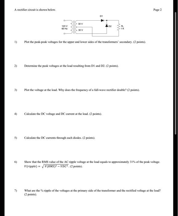 SOLVED A rectifier circuit is shown below. Page 2 D1 120V 60 Hz 30V 1