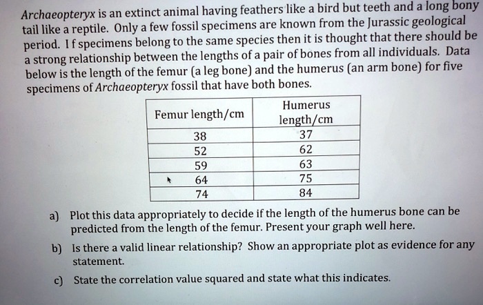 Archaeopteryx is an extinct animal having feathers like a bird but teeth and a long bony tail like a reptile. Only a few fossil specimens are known from the Jurassic geological period. If specimens belong to the same species then it is thought that there should be a strong relationship between the lengths of a pair of bones from all individuals. Data below is the length of the femur (a leg bone) and the humerus (an arm bone) for five specimens of Archaeopteryx fossil that have both bones.

Femur length/cm | Humerus length/cm
38 | 37
52 | 62
59 | 63
64 | 75
74 | 84

a) Plot this data appropriately to decide if the length of the humerus bone can be predicted from the length of the femur. Present your graph well here.
b) Is there a valid linear relationship? Show an appropriate plot as evidence for any statement.
c) State the correlation value squared and state what this indicates.