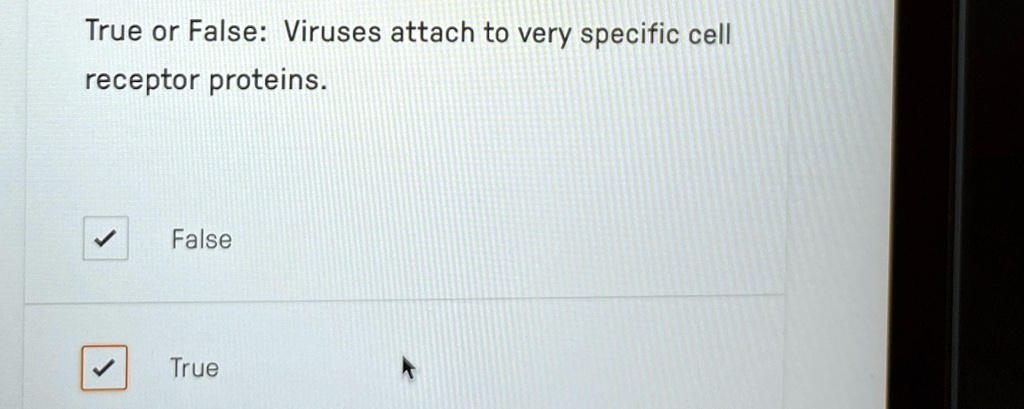 true or false viruses attach to very specific cell receptor proteins false true 97656