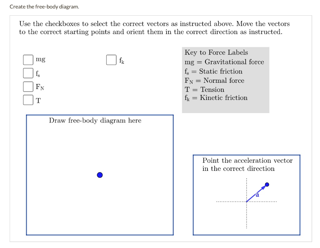Create the free-body diagram.
Use the checkboxes to select the correct vectors as instructed above. Move the vectors to the correct starting points and orient them in the correct direction as instructed.
mg
fs
FN
T
fk
Key to Force Labels
mg = Gravitational force
fs = Static friction
FN = Normal force
T = Tension
fk = Kinetic friction
Draw free-body diagram here
Point the acceleration vector in the correct direction