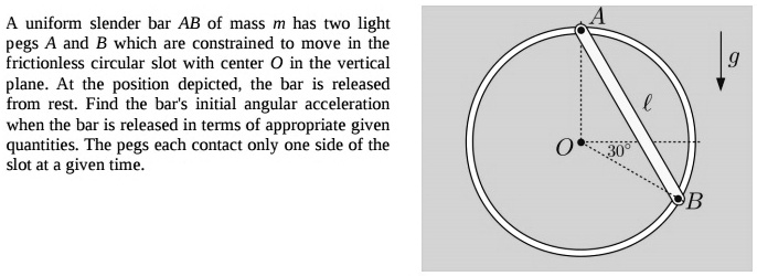 A uniform slender bar AB of mass m has two light pegs A and...