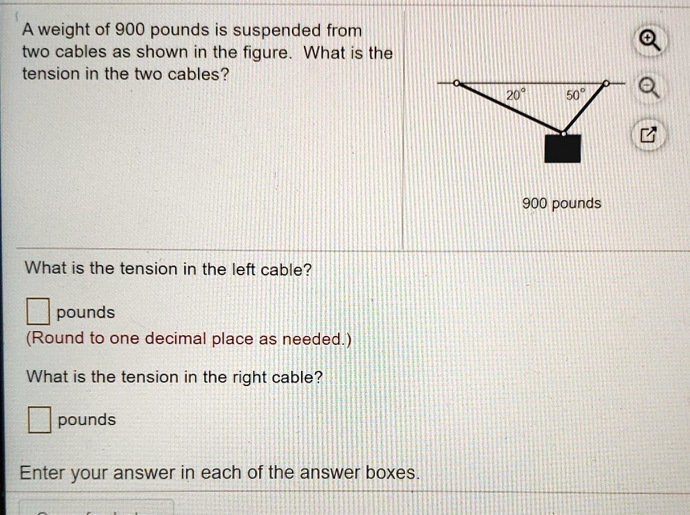 SOLVED A weight of 900 pounds is suspended from two cables as shown in the figure What is the