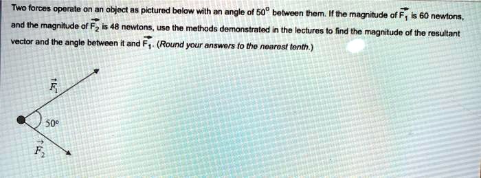 Two forces operate on an object as pictured below with an angle of 50° between them. If the magnitude of F? is 60 newtons, and the magnitude of F? is 48 newtons, use the methods demonstrated in the lectures to find the magnitude of the resultant vector and the angle between it and F?. (Round your answers to the nearest tenth.)