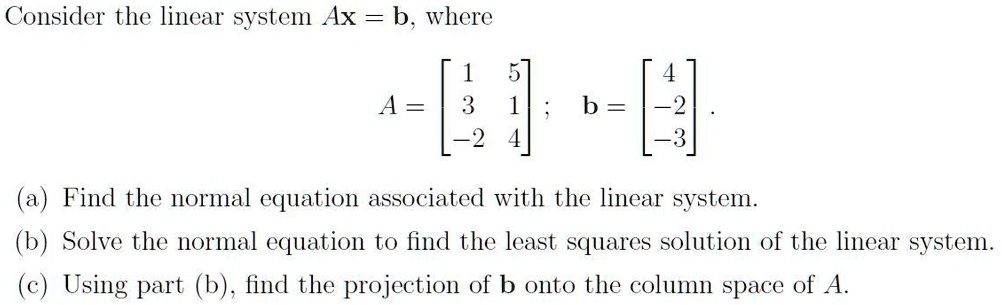 SOLVED: Consider the linear system Ax b, where 5 A = 3 -2 b = 2 53 Find ...