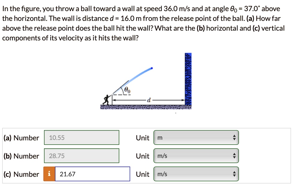 SOLVED In the figure, you throw a ball toward a wall at a speed of 36.