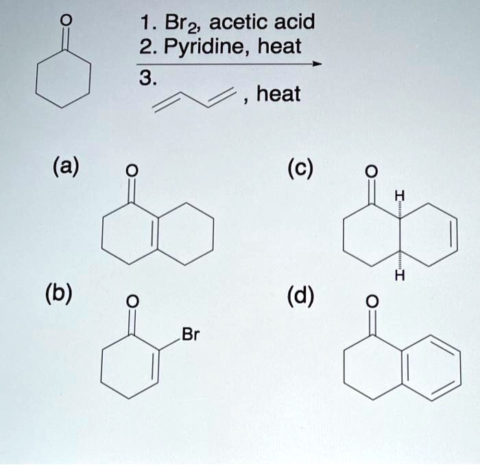 SOLVED 1 Br2. acetic acid 2. Pyridine, heat 3 heat (a) (c) (b) (d) Br