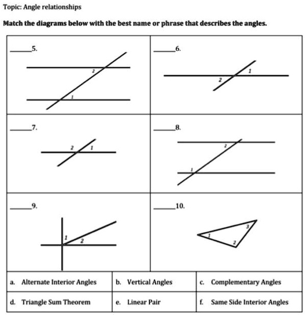 SOLVED: Topic: Angle relationships Match the diagrams below with the ...