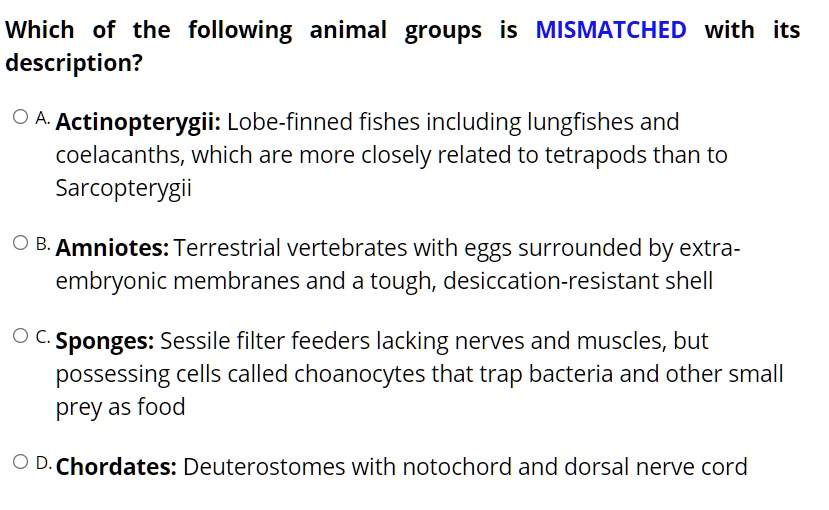 SOLVED: Which of the following animal groups is MISMATCHED with its