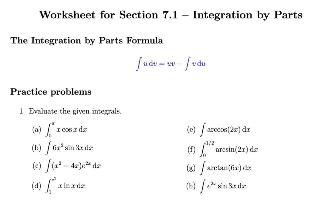 Solved Dont Have To Do A Just The Rest Worksheet For Section 71 Integration By Parts The 