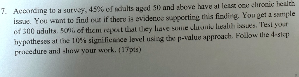 7. According to a survey, 45% of adults aged 50 and above have at least one chronic health issue. You want to find out if there is evidence supporting this finding. You get a sample of 300 adults. 50% of them report that they have some chronic health issues. Test your hypotheses at the 10% significance level using the p-value approach. Follow the 4-step procedure and show your work. (17pts)