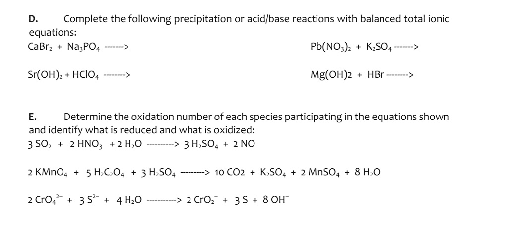 SOLVED: **Show your steps. Complete the following precipitation or acid ...