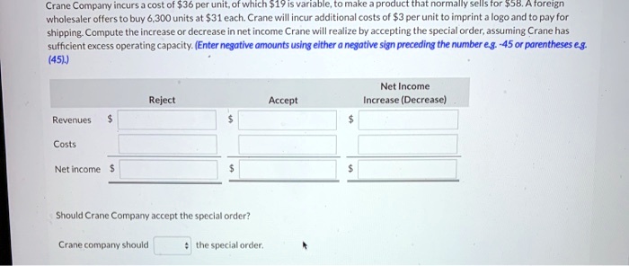 Crane Company incurs a cost of 36 per unit, of which19 is variable, to make a product that normally sells for 58. A foreign wholesaler offers to buy 6,300 units at31 each. Crane will incur additional costs of 3 per unit to imprint a logo and to pay for shipping. Compute the increase or decrease in net income Crane will realize by accepting the special order, assuming Crane has sufficient excess operating capacity. (Enter negative amounts using either a negative sign preceding the number e.g. -45 or parentheses e.g. (45).)
Reject Accept Net Income Increase (Decrease)
Revenues 
Costs
Net income  Should Crane Company accept the special order?
Crane company should the special order.