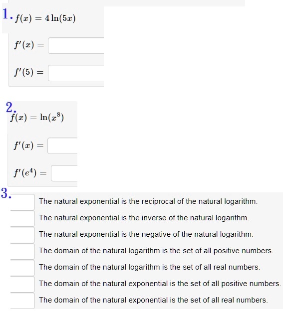 SOLVED: (c) = 4l(bx) f' () f' (5) 2 