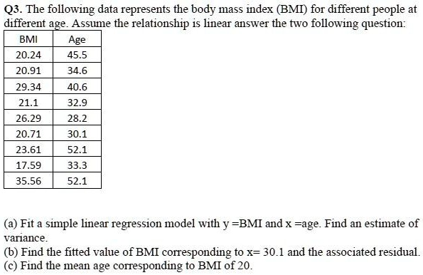 SOLVED: Q3. The following data represents the body mass index (BMI) for ...