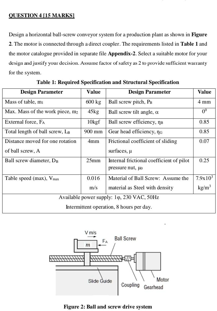 SOLVED QUESTION 4 [15 MARKS] Design a horizontal ballscrew conveyor