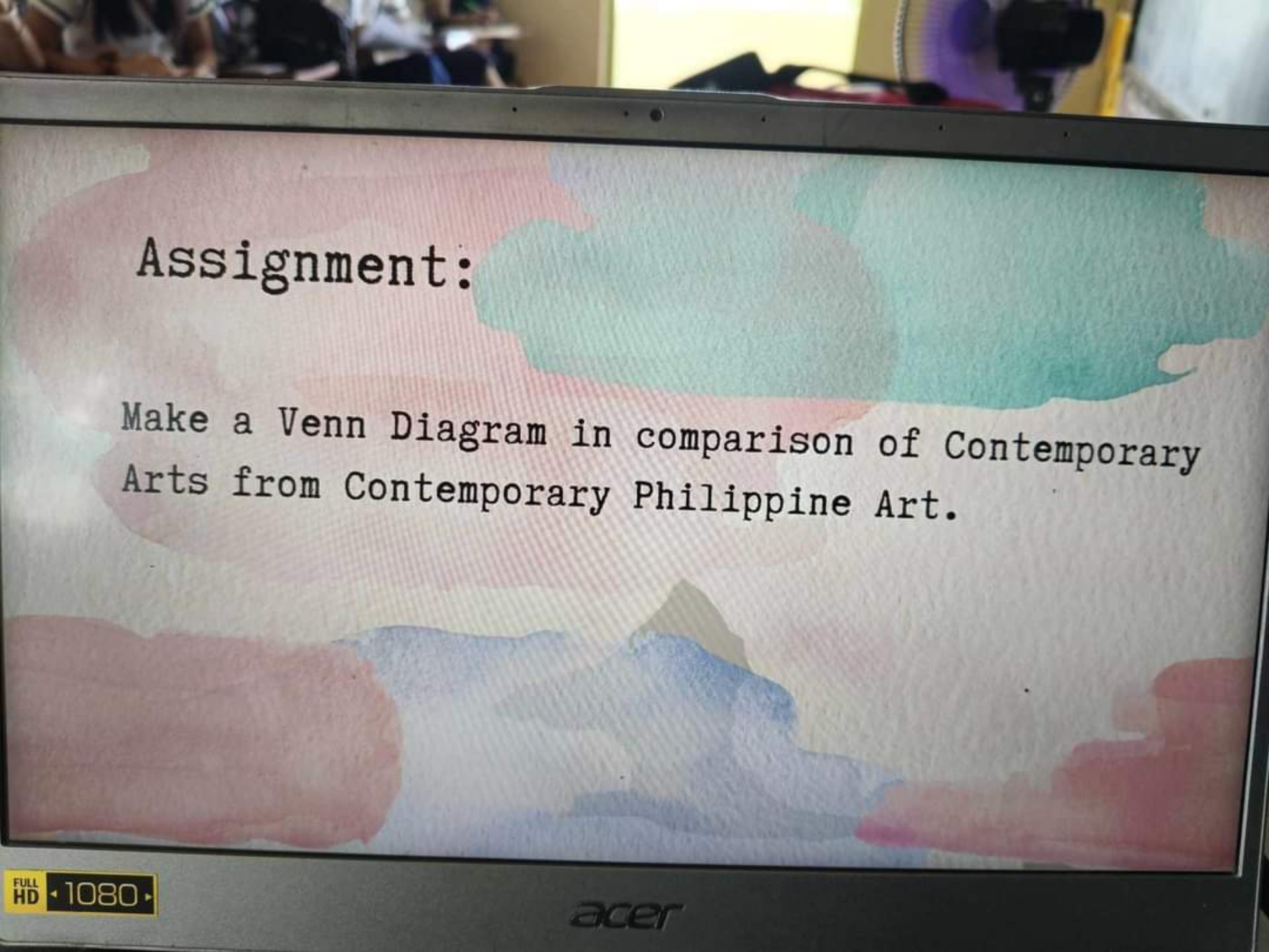 Assignment:

Make a Venn Diagram in comparison of Contemporary Arts from Contemporary Philippine Art.