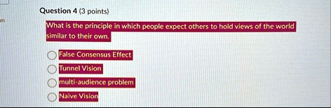 question 4 3 points what is the principle in which people expect others to hold views of the world similar to their own false consensus effect tunnel vision multi audience problem naive visi 96623