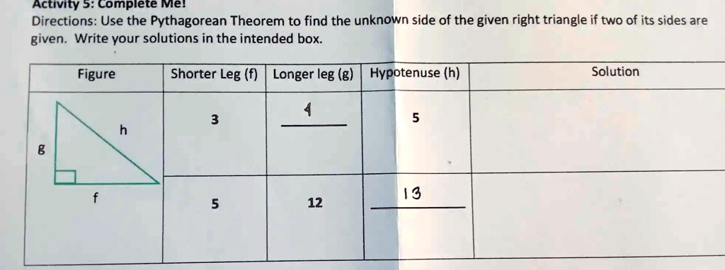 Activity 5: Complete Me!
Directions: Use the Pythagorean Theorem to find the unknown side of the given right triangle if two of its sides are
given. Write your solutions in the intended box.
Figure
Shorter Leg (f)
Longer leg (g)
Hypotenuse (h)
Solution
g h f
3
4
5
5
12
13