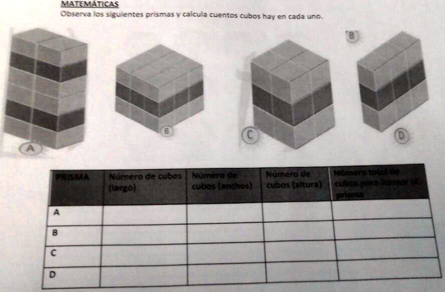 SOLVED: MATEMÁTICAS Observa los siguientes prismas y calcula cuentos
