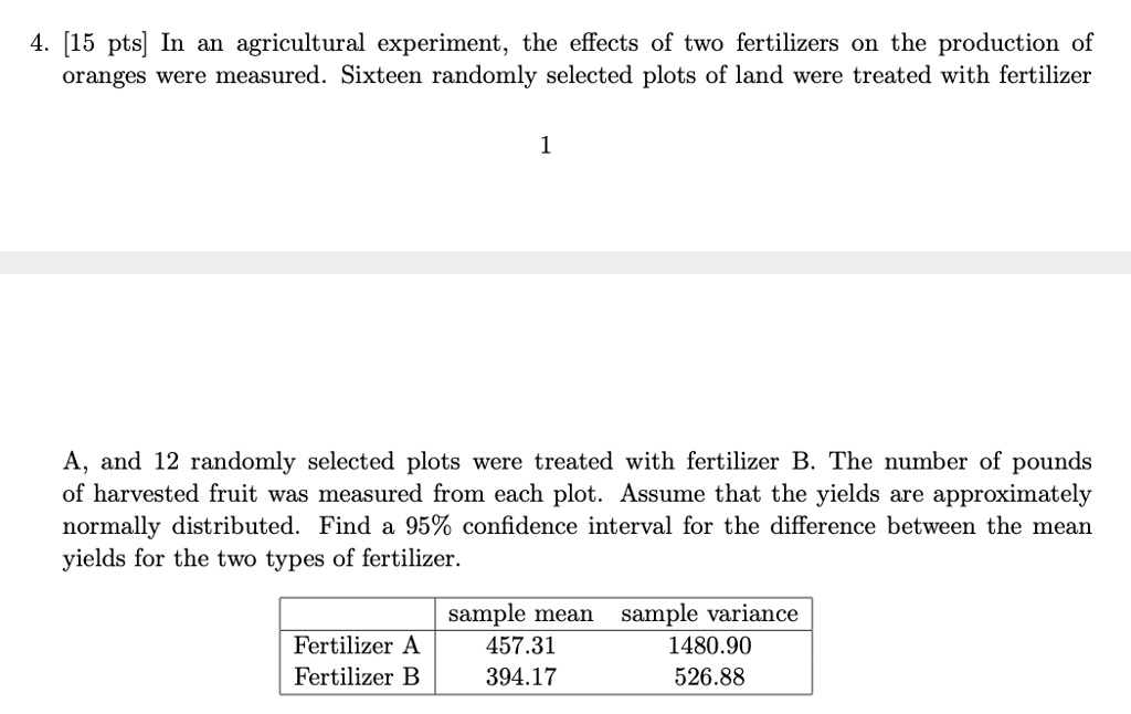 4. [15 pts] In an agricultural experiment, the effects of two fertilizers on the production of oranges were measured. Sixteen randomly selected plots of land were treated with fertilizer A, and 12 randomly selected plots were treated with fertilizer B. The number of pounds of harvested fruit was measured from each plot. Assume that the yields are approximately normally distributed. Find a 95% confidence interval for the difference between the mean yields for the two types of fertilizer.

| | sample mean | sample variance |
|—|—|—|
| Fertilizer A | 457.31 | 1480.90 |
| Fertilizer B | 394.17 | 526.88 |