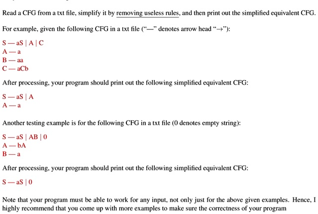 SOLVED: Read a CFG from a text file, simplify it by removing useless ...