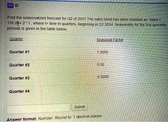SOLVED Find the seasonalized forecast for Q2 of 2017. The sales trend