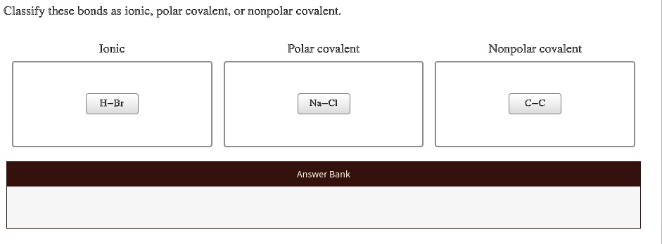 SOLVED: Classify these bonds as ionic, polar covalent; or nonpolar covalent: Joric Polar ...
