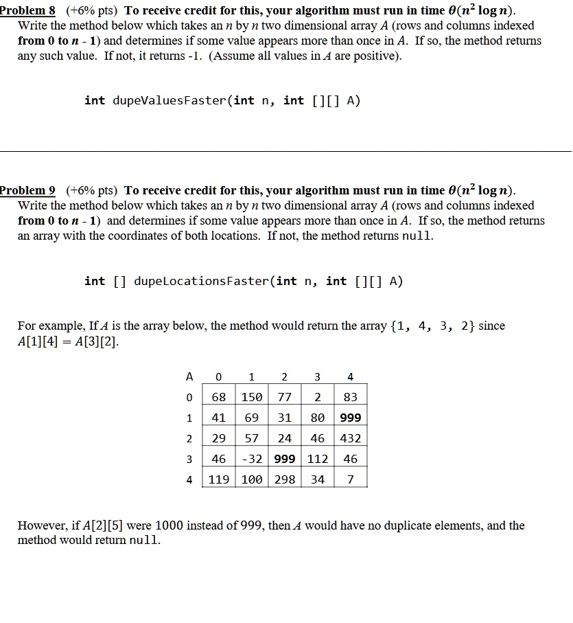 problem 8 6 pts to receive credit for this your algorithm must run in time thetan2 log n write the method below which takes an n by n two dimensional array a rows and columns indexed from 0  91032