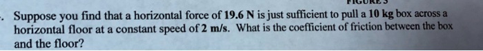 Suppose you find that a horizontal force of 19.6 N is just sufficient to pull a 10 kg box across a horizontal floor at a constant speed of 2 m/s. What is the coefficient of friction between the box and the floor?