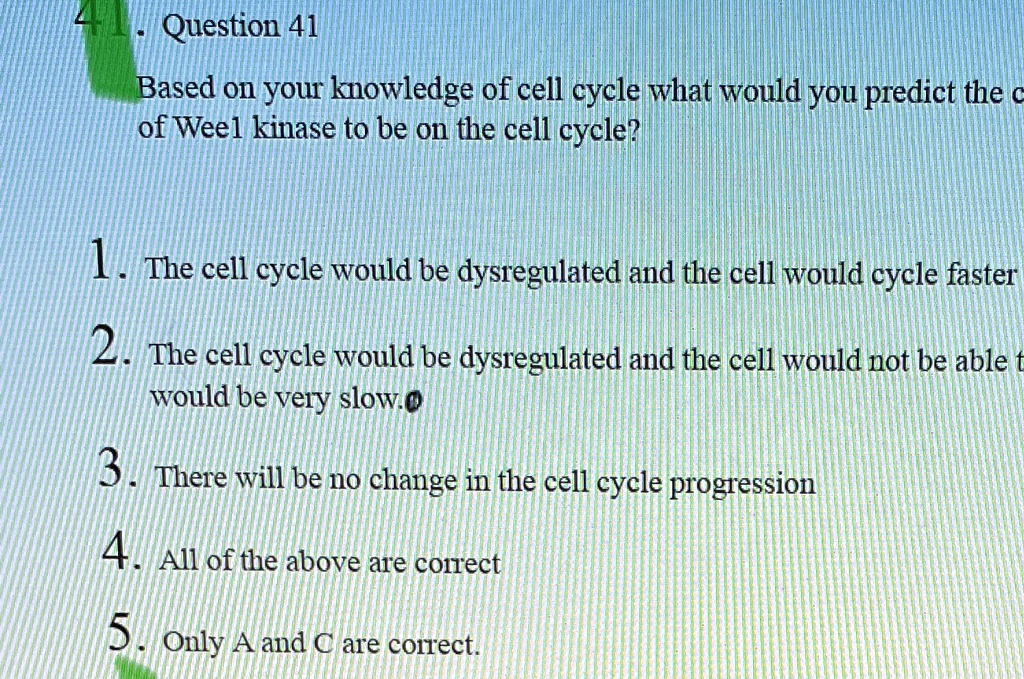 1. Question 41
Based on your knowledge of cell cycle what would you predict the c
of Weel kinase to be on the cell cycle?
1. The cell cycle would be dysregulated and the cell would cycle faster
2. The cell cycle would be dysregulated and the cell would not be able t
would be very slow.
3. There will be no change in the cell cycle progression
4. All of the above are correct
5. Only A and C are correct.