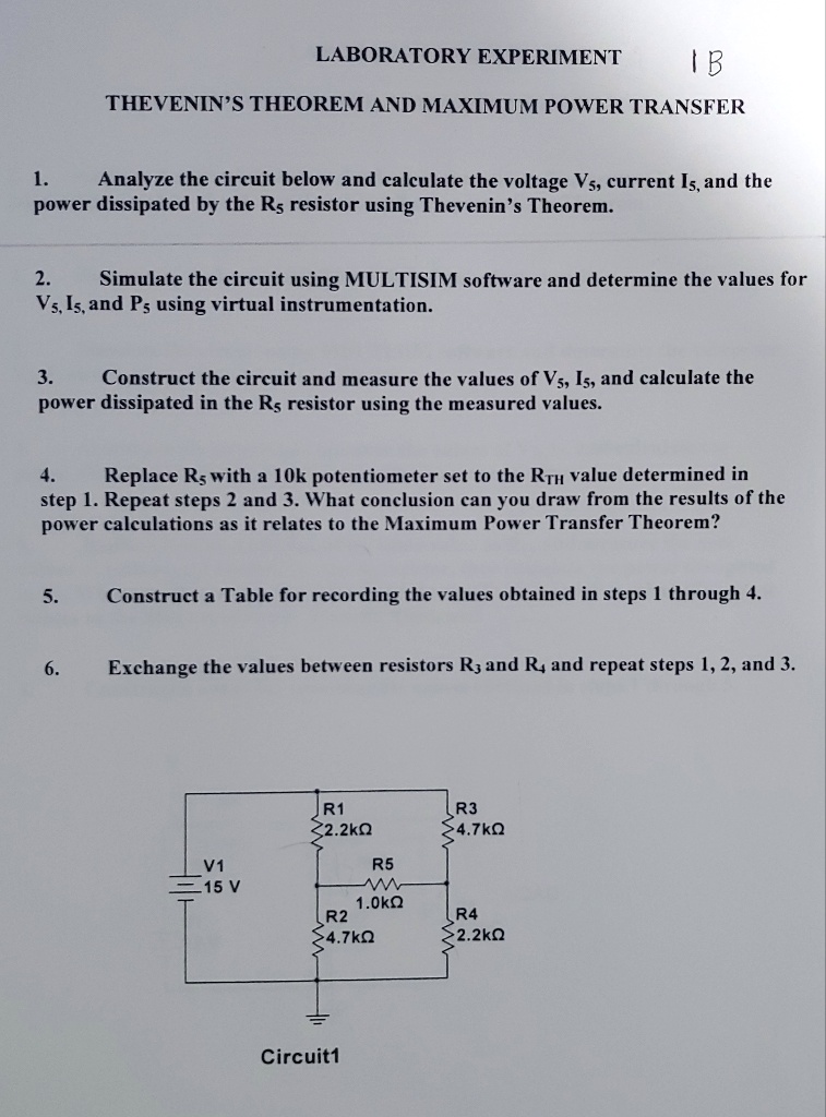 SOLVED: Thevenin's Theorem and Maximum Power Transfer LABORATORY ...