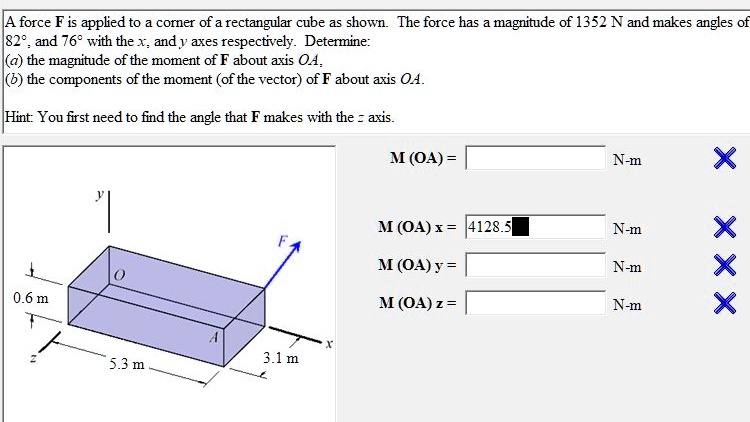 A force F is applied to a corner of a rectangular cube as shown. The ...