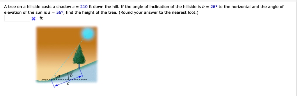 SOLVED: A tree on hillside casts shadow 210 ft down the hill: If the ...