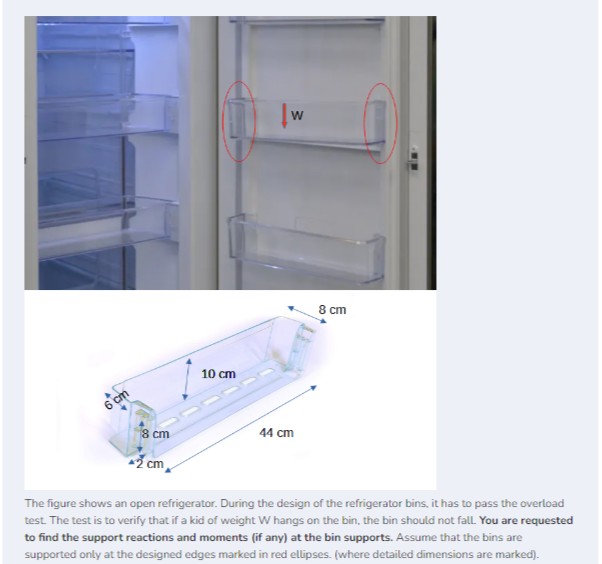 The figure shows an open refrigerator. During the design of the refrigerator bins, it has to pass the overload test. The test is to verify that if a kid of weight. W hangs on the bin, the bin should not fall. You are requested to find the support reactions and moments (if any) at the bin supports. Assume that the bins are supported only at the designed edges marked in red ellipses. (where detailed dimensions are marked).