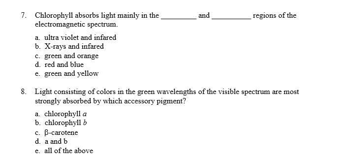 Solved Chlorophyll Absorbs Light Mainly In The Electromagnetic Spectrum And Regions Of The Ultra Violet And Infared X Rays And Infared Green And Orange Red And Blue Green And Yellow Light Consisting Of Colors