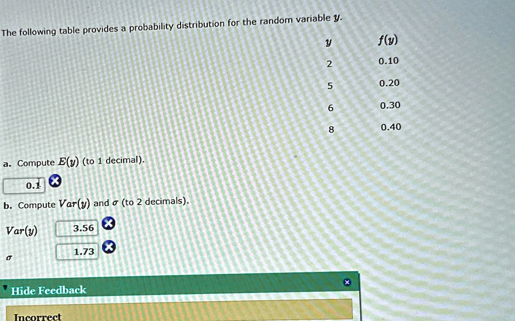 the following table provides a probability distribution for the random variable y y fy 2 010 5 020 6 030 8 040 a compute ey to 1 decimal 01 b compute vary and to 2 decimals vary 356 173 hide 52286