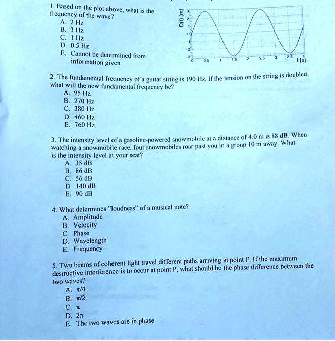based on the plot above what is the frequency ofthe wave 2 hz 3 hz tz 05 iz cannot be determined from informalion given 5 the 190 ilz if the tension on the string is doubled fundamental freq 10632