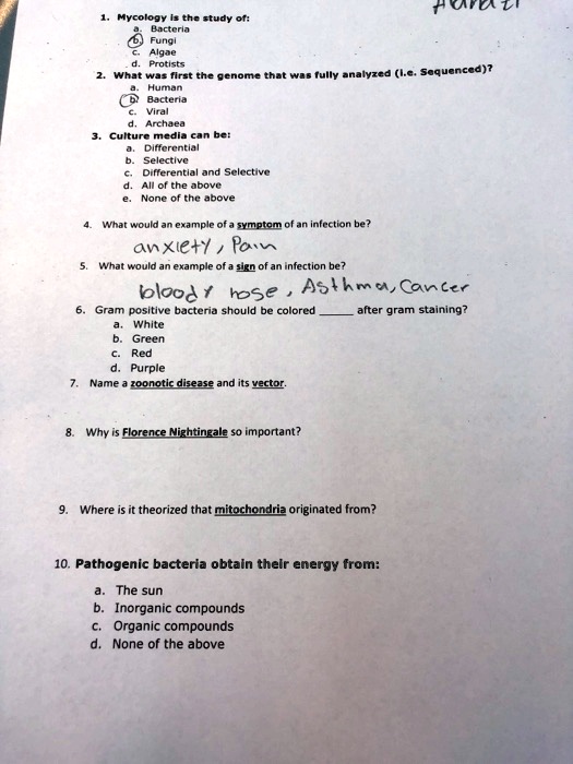 1. Mycology is the study of:
a. Bacteria
b. Fungi
c. Algae
d. Protists
2. What was first the genome that was fully analyzed (i.e. Sequenced)?
a. Human
b. Bacteria
c. Viral
d. Archaea
3. Culture media can be:
a. Differential
b. Selective
c. Differential and Selective
d. All of the above
e. None of the above
4. What would an example of a symptom of an infection be?
anxiety, Pain
5. What would an example of a sign of an infection be?
bloody nose, Asthma, Cancer
6. Gram positive bacteria should be colored  after gram staining?
a. White
b. Green
c. Red
d. Purple
7. Name a zoonotic disease and its vector.
8. Why is Florence Nightingale so important?
9. Where is it theorized that mitochondria originated from?
10. Pathogenic bacteria obtain their energy from:
a. The sun
b. Inorganic compounds
c. Organic compounds
d. None of the above