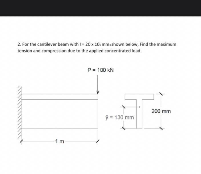 2. For the cantilever beam with I=20 × 106 mm4 shown below, Find the maximum tension and compression due to the applied concentrated load.