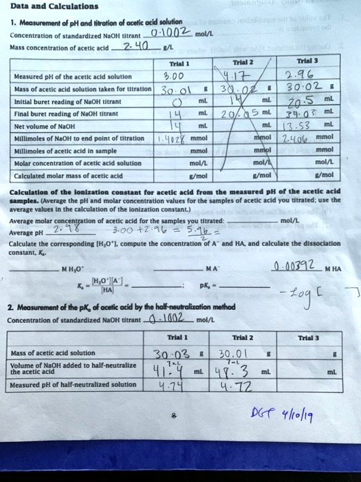 data and calculations 1 measurement of ph and titration of acetic acid ...