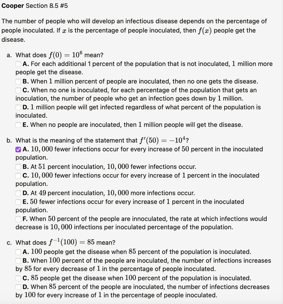 cooper section 85 5 the number of people who will develop an infectious disease depends on the percentage of people inoculated if x is the percentage of people inoculated then fx people get  38964