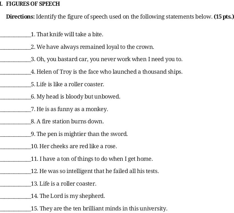 I. FIGURES OF SPEECH

Directions: Identify the figure of speech used on the following statements below. (15 pts.)

1. That knife will take a bite.
2. We have always remained loyal to the crown.
3. Oh, you bastard car, you never work when I need you to.
4. Helen of Troy is the face who launched a thousand ships.
5. Life is like a roller coaster.
6. My head is bloody but unbowed.
7. He is as funny as a monkey.
8. A fire station burns down.
9. The pen is mightier than the sword.
10. Her cheeks are red like a rose.
11. I have a ton of things to do when I get home.
12. He was so intelligent that he failed all his tests.
13. Life is a roller coaster.
14. The Lord is my shepherd.
15. They are the ten brilliant minds in this university.