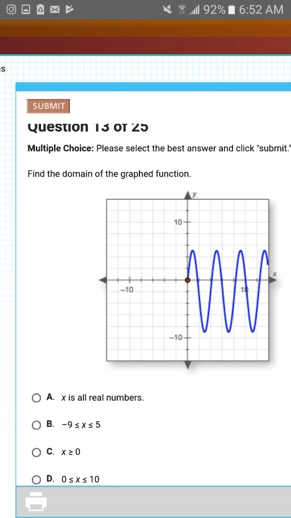 Question 13 of 25
Multiple Choice: Please select the best answer and click "submit."
Find the domain of the graphed function.
A. x is all real numbers.
B. -9 leq x leq 5
C. x geq 0
D. 0 leq x leq 10