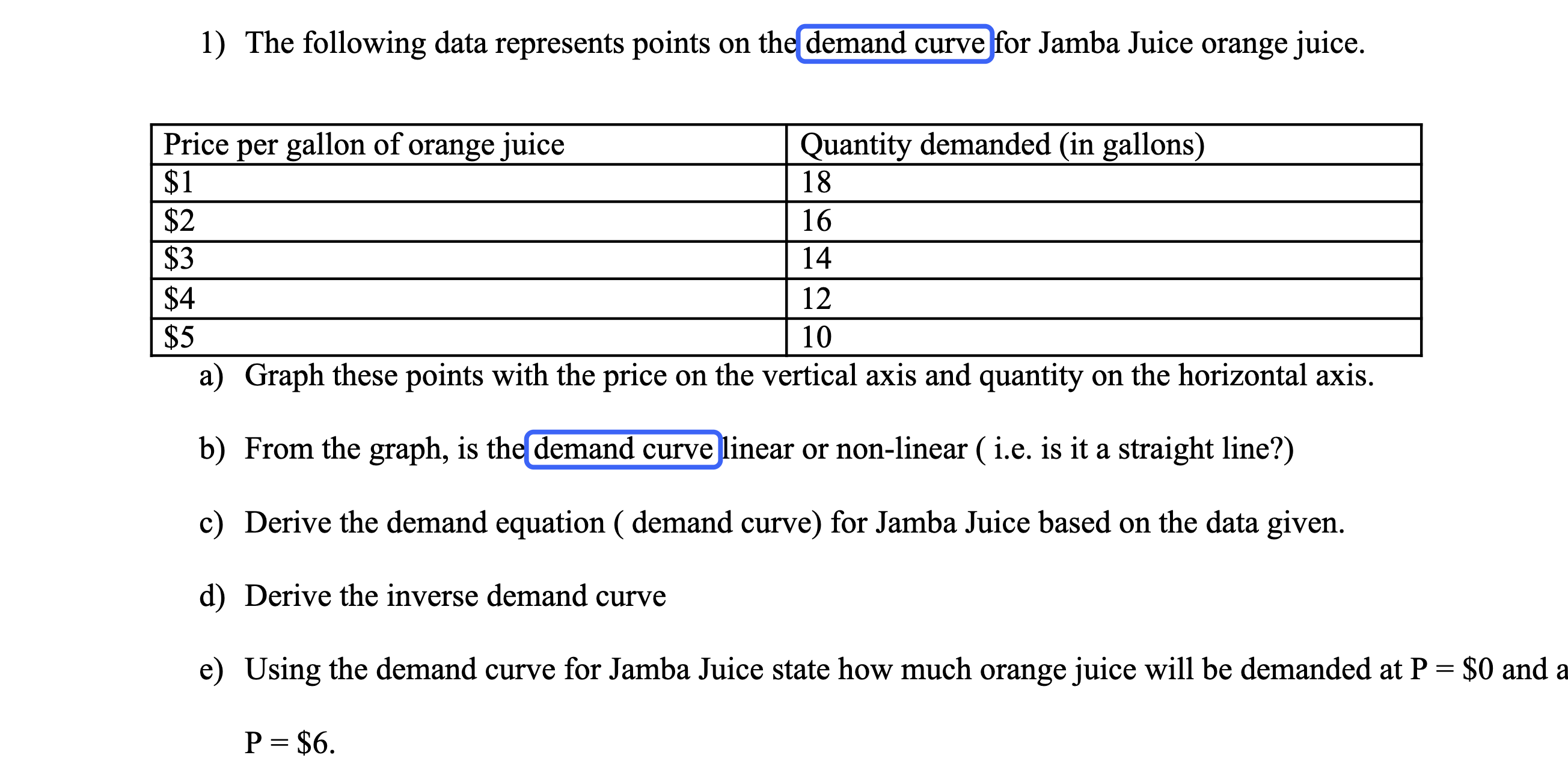 SOLVED: 1) The following data represents points on the demand curve for