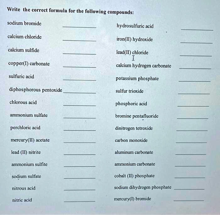 SOLVED Write the correct formula for the following compounds sodium