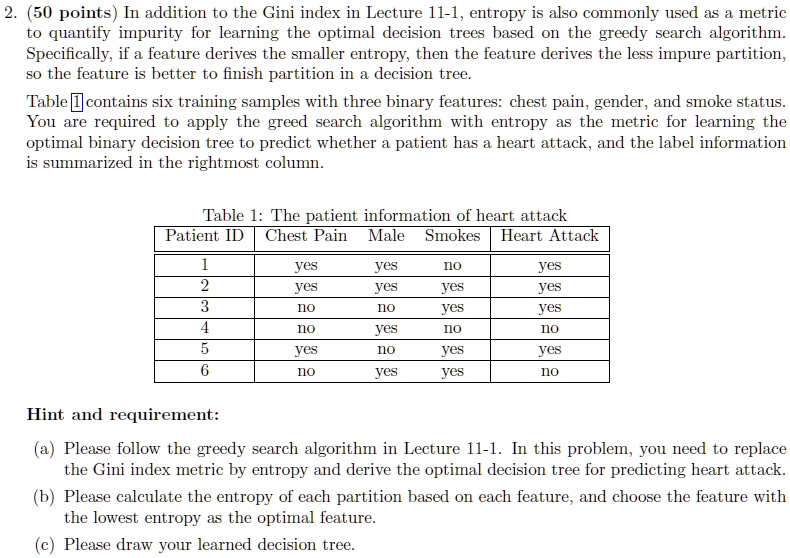 2 50 points in addition to the gini index in lecture 11 1 entropy is also commonly used as a metric to quantify impurity for learning the optimal decision trees based on the greedy search al 76665