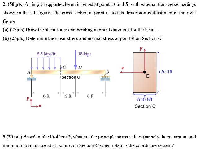 2. (50 pts) A simply supported beam is rested at points A and B, with external transverse loadings shown in the left figure. The cross section at point C and its dimension is illustrated in the right figure.
(a) (25pts) Draw the shear force and bending moment diagrams for the beam.
(b) (25pts) Determine the shear stress and normal stress at point E on Section C.
2.5 kips/ft 15 kips
A C D B
Section C
6 ft 3 ft 6 ft
y x
z y E h=1ft
b=0.5ft
Section C
3 (20 pts) Based on the Problem 2, what are the principle stress values (namely the maximum and minimum normal stress) at point E on Section C when rotating the coordinate system?