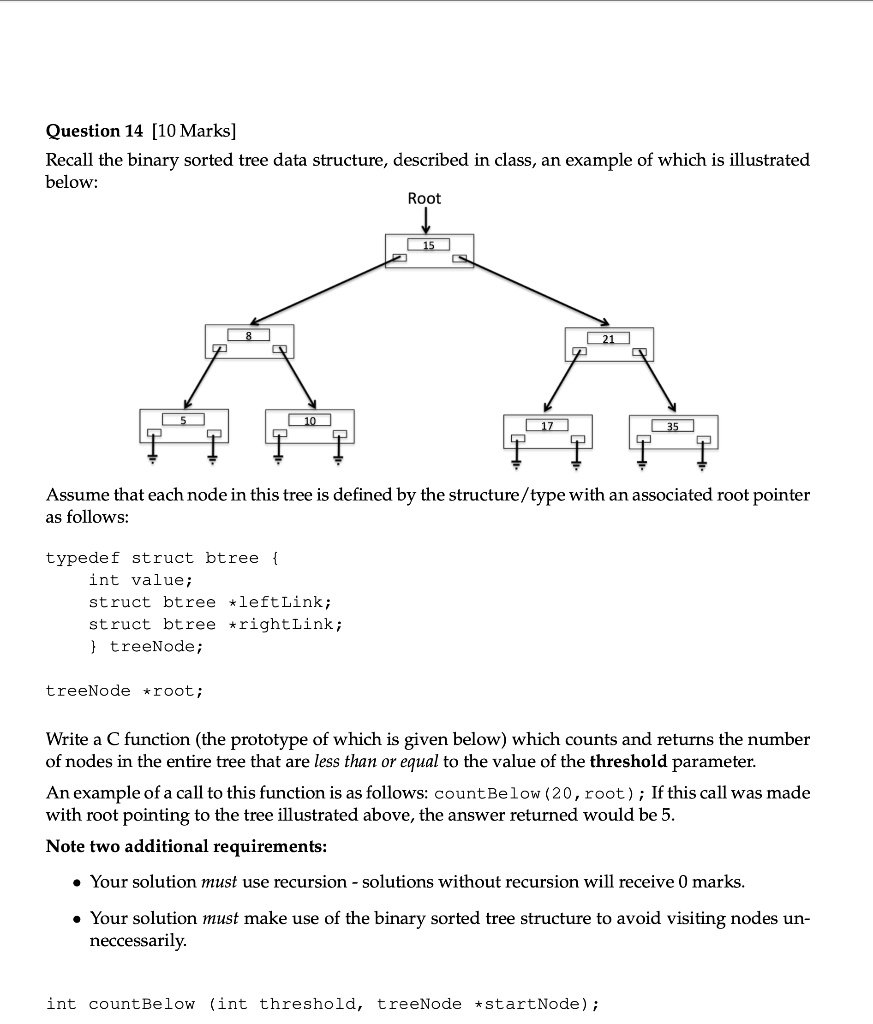 SOLVED: Question 14 [10 Marks] Recall the binary sorted tree data ...